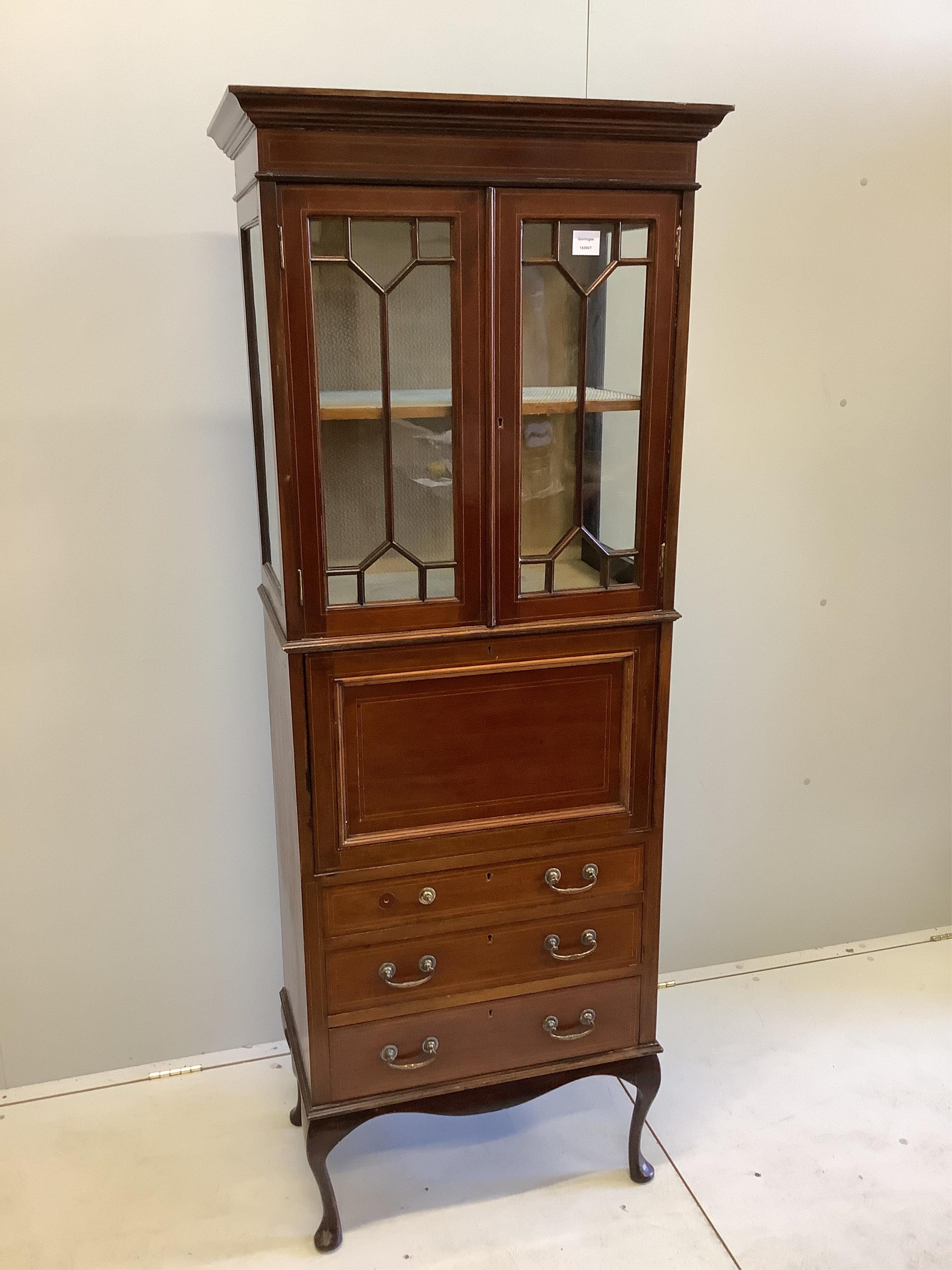 An Edwardian inlaid mahogany bureau cabinet, width 68cm, depth 42cm, height 179cm. Condition - fair